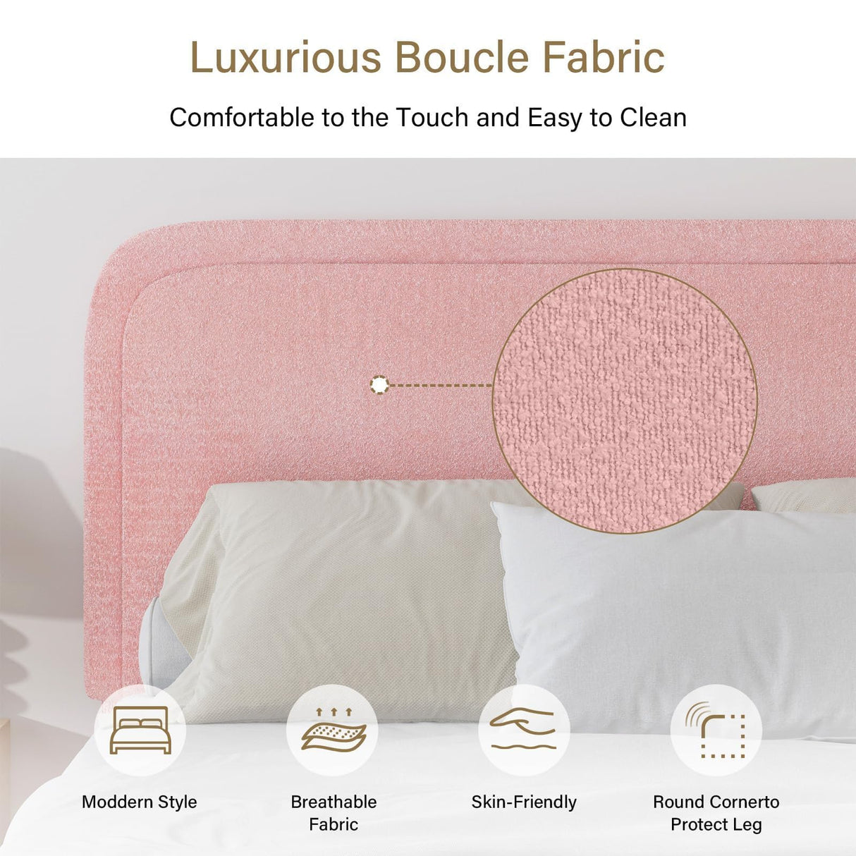 King Size Bed Frame, Upholstered Platform Bed King with Headboard, Boucle Soft and Cloud Bed Frame, Modern Style, No Box Spring Required, Easy Assembly, Pink BarnFurin