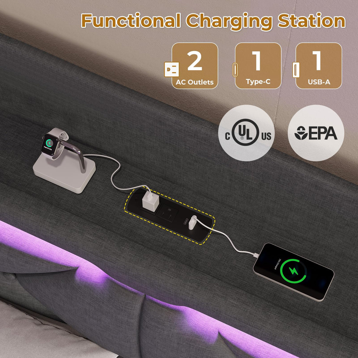 BTHFST King Size Floating Bed Frame with Power Outlet, Storage Headboard with Hidden Cubby, RGB Floating Platform Bed with LED Lights, No Box Spring Needed, Quick Setup System, Dark Grey BTHFST