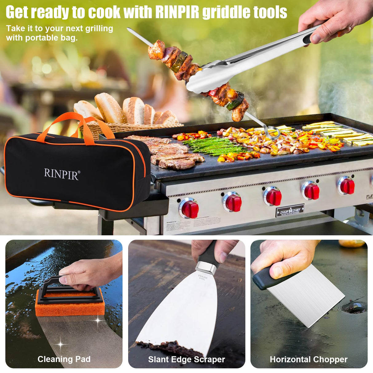 RINPIR 42pcs Griddle Accessories Kit for Blackstone, Flat Top Teppanyaki Spatula Set with Enlarged Spatulas, Melting Dome and Burger Press, Professional Hibachi Tools Gifts for Outdoor BBQ RINPIR