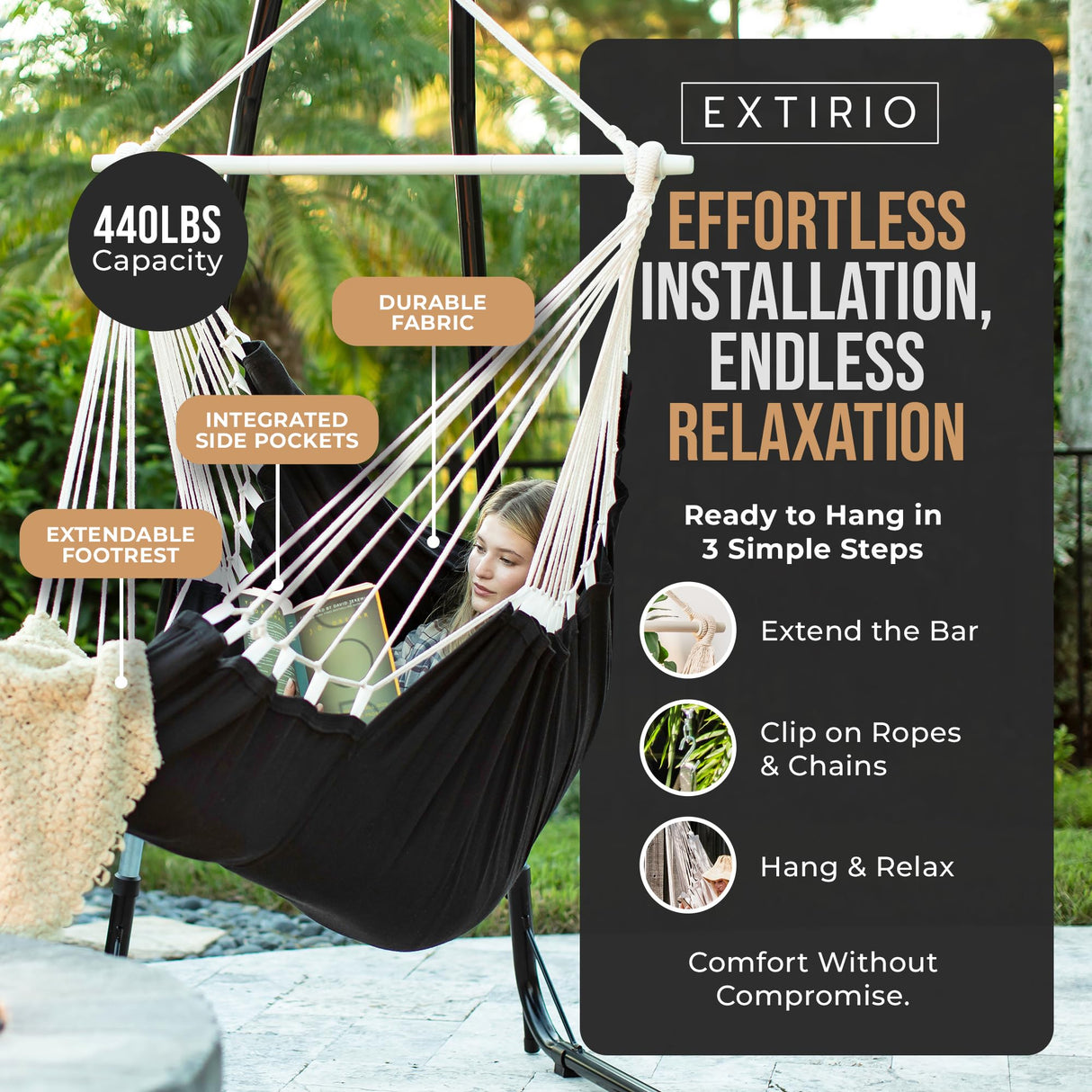 Indoor Hammock Chair Swing - Hanging Hammock Swing Chair - Indoor/Outdoor - Hanging Chairs for Bedroom, Patio, Porch, Swinging Chair Hammock for Adults - Built-In Footrest - Spacious Full Body Support EXTIRIO