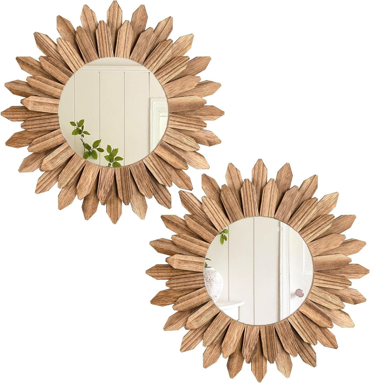 LOSOUR 2 Pack Boho Wall Decor Sunburst Mirror 12 inch Rustic Round Wood Mirror Boho Mirror Farmhouse Wall Decor for Bedroom Living Room Entryway LOSOUR