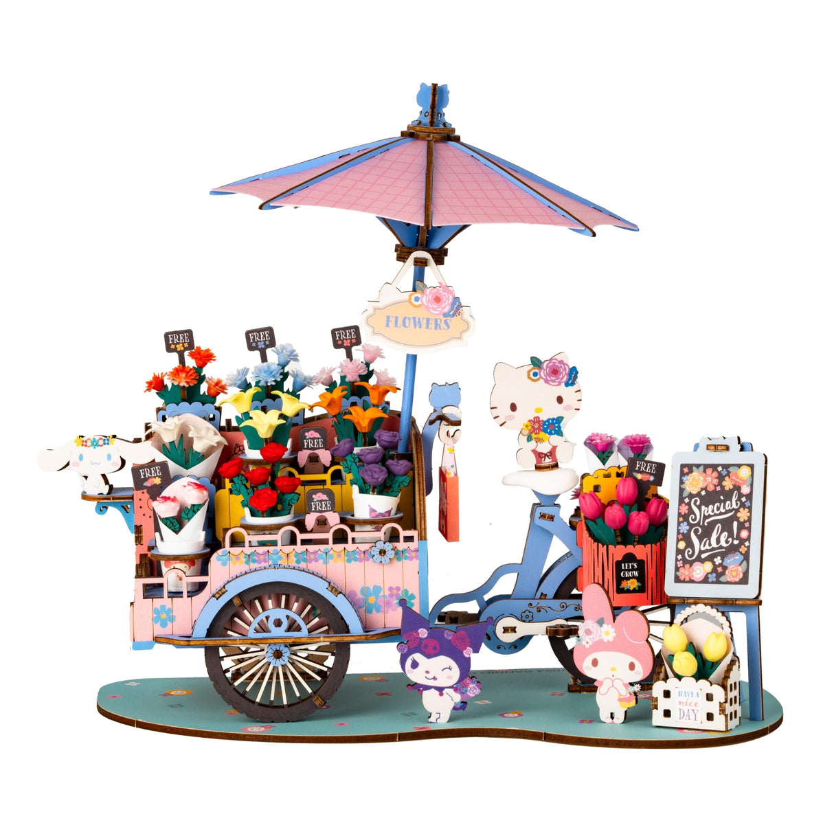Hands Craft Hello Kitty And Friends Flower Cart 3D Wooden Puzzle Kit | DIY Floral Model | Arts & Crafts for Adults & Kids | Creative Hobby Kits | Hello Kitty Characters | Wood Building Set | Nice Gift Hands Craft