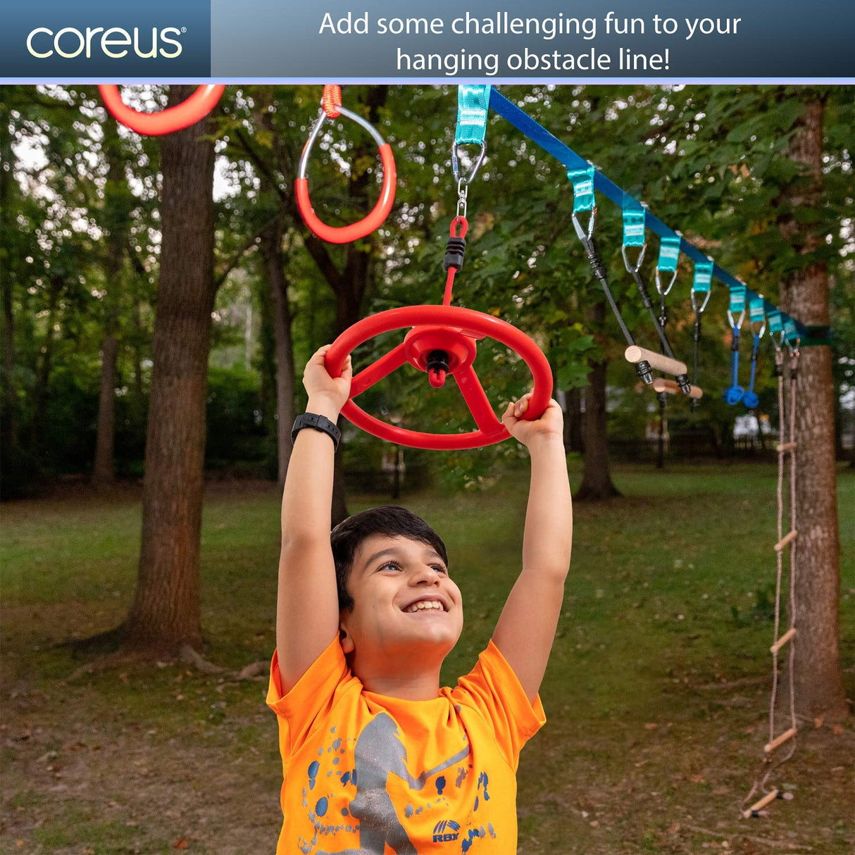 Ninja Kids Hanging Obstacle Course with Swivel Slackline Spinner Wheel Red coreus