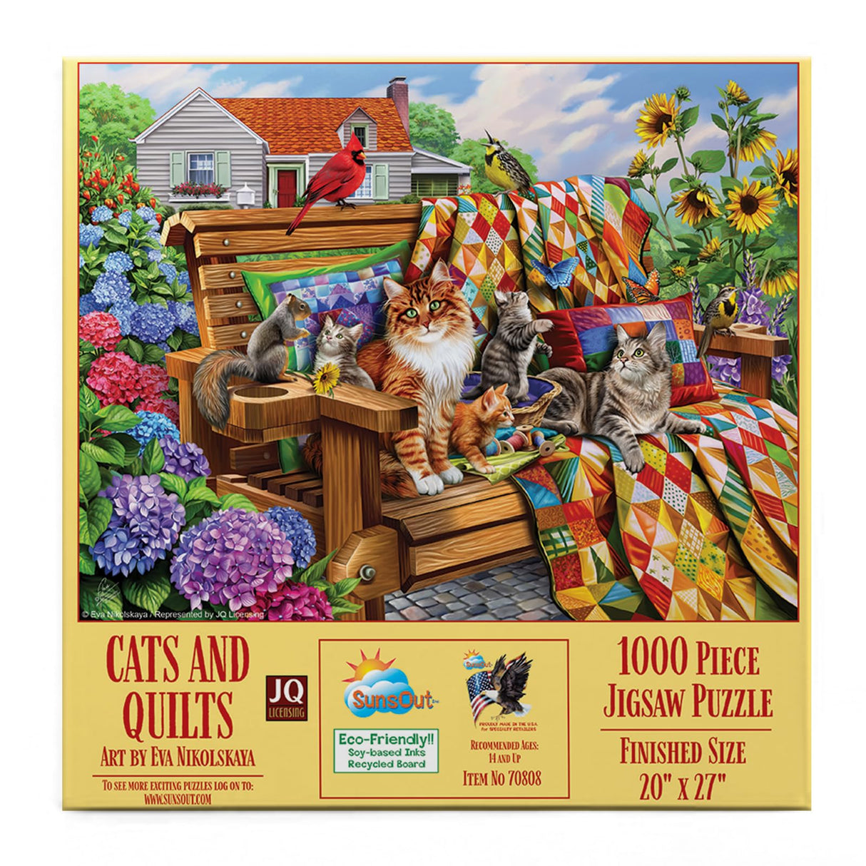 SUNSOUT INC - Cats and Quilts - 1000 pc Jigsaw Puzzle by Artist: Eva Nikolskaya - Finished Size 20" x 27" - MPN# 70808 SunsOut