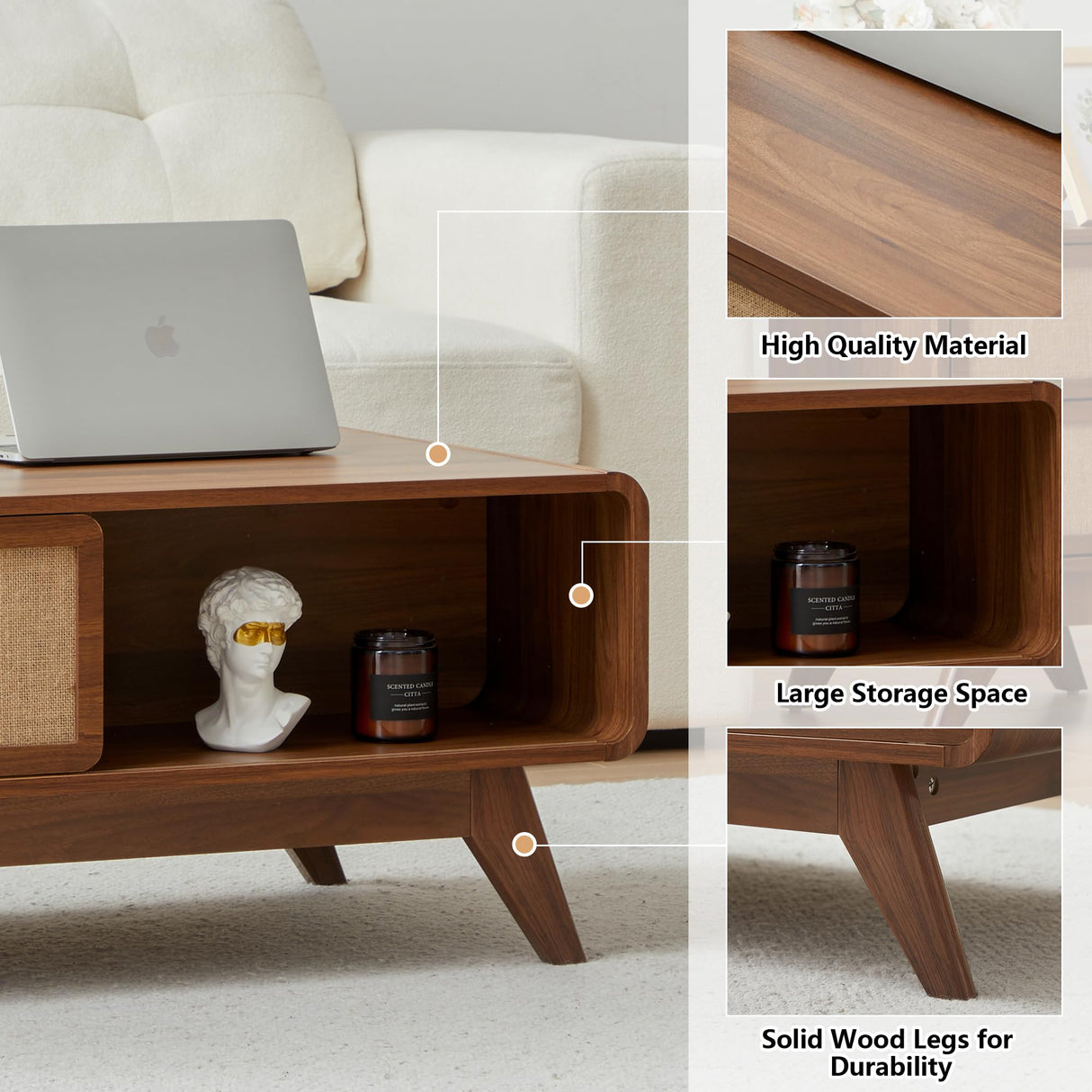 AVZEAR Mid Century Modern Coffee Table with Storage, Farmhouse Coffee Table Accent Center Tables with Sliding Linen Door Panel, Dining Table Centerpiece Decor Wood Coffee Table for Living Room, Walnut AVZEAR