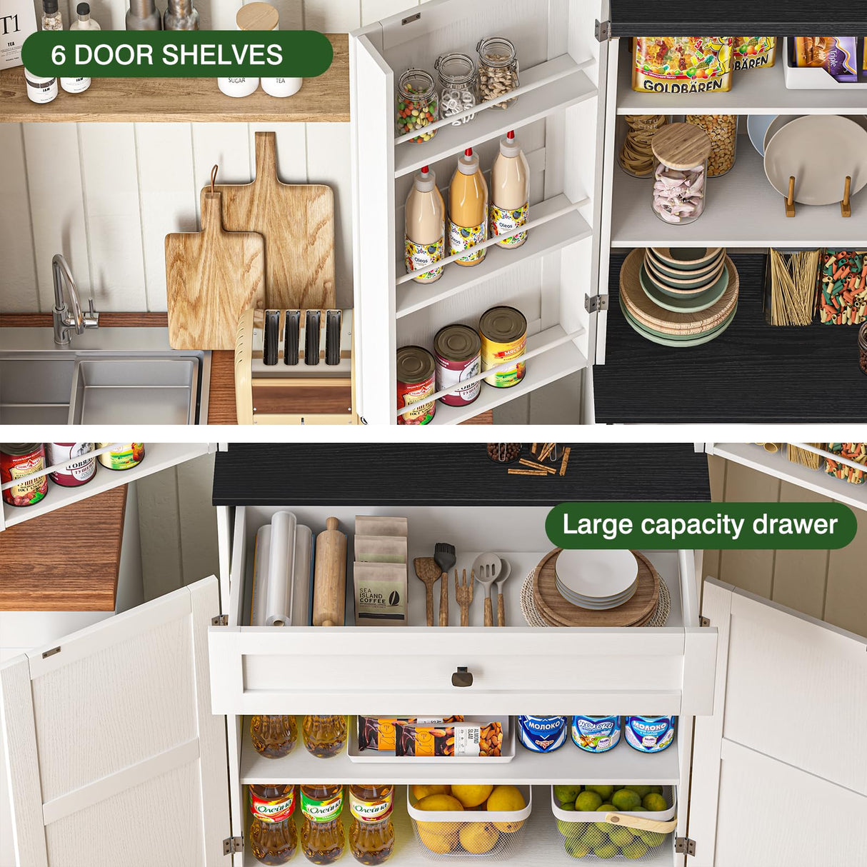 72" Farmhouse Kitchen Pantry Cabinet with Adjustable Shelves and Drawer, Rustic Storage Organizer with Countertop and Door Shelving, Tall Wooden Cupboard for Kitchen, Dining Room, Off White PLYFOU