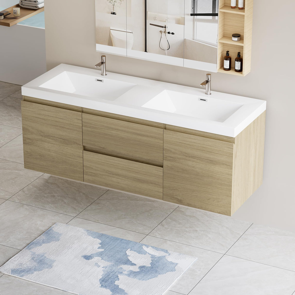 Star20XX 60 Inch Floating Bathroom Vanity with Double Sink, Modern Wall-Mounted Bathroom Storage Vanity Cabinet with Double Resin Top Basins and 4 Soft Close Drawers, Natural Oak Star20XX