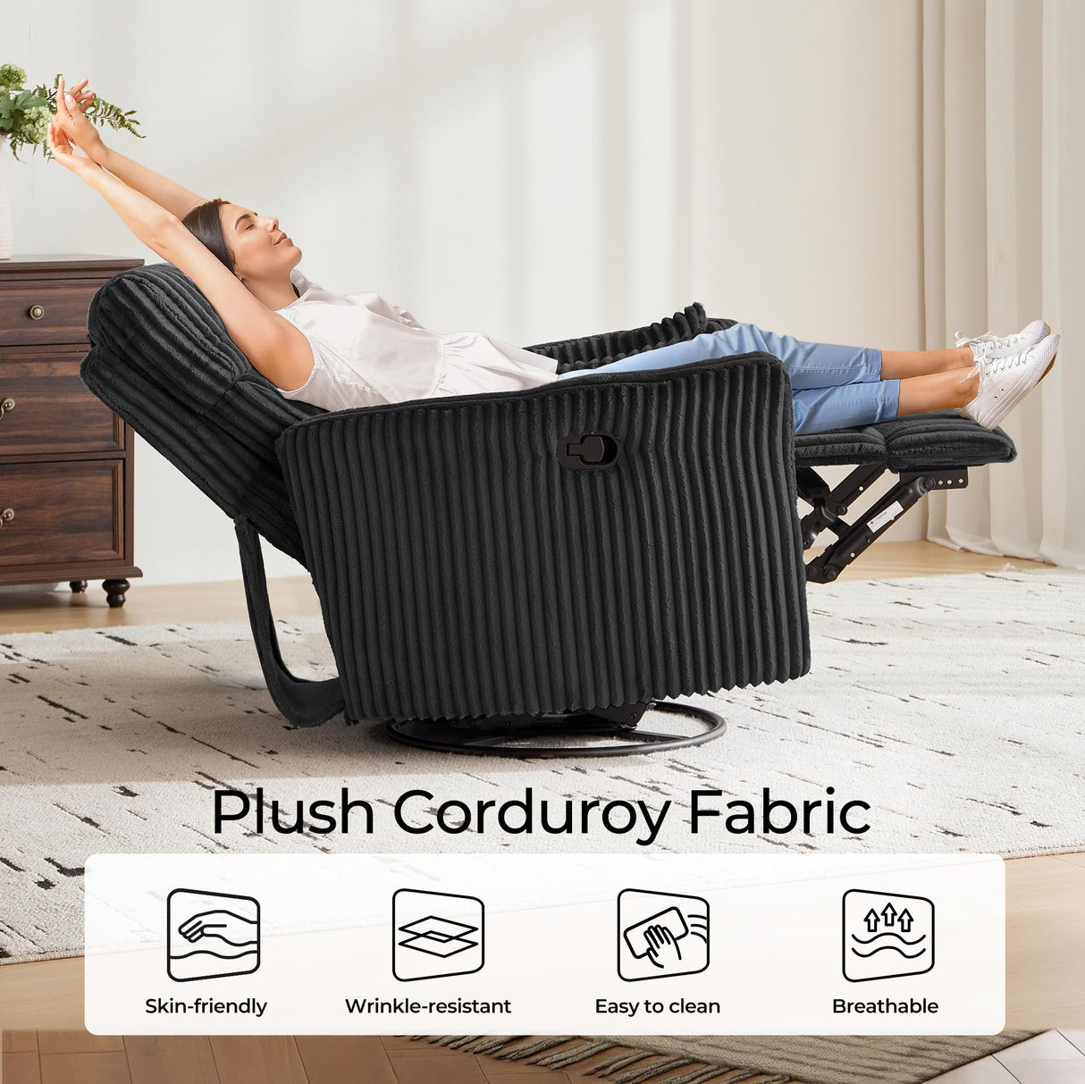 LINSY 360 Swivel Recliner Chair - Corduroy Nursery Glider Rocking Chair with 2 Pillows, Comfy High Back Adult Recliner for Small Spaces, Nursery Bedroom Living Room Reclining (Black) LINSY