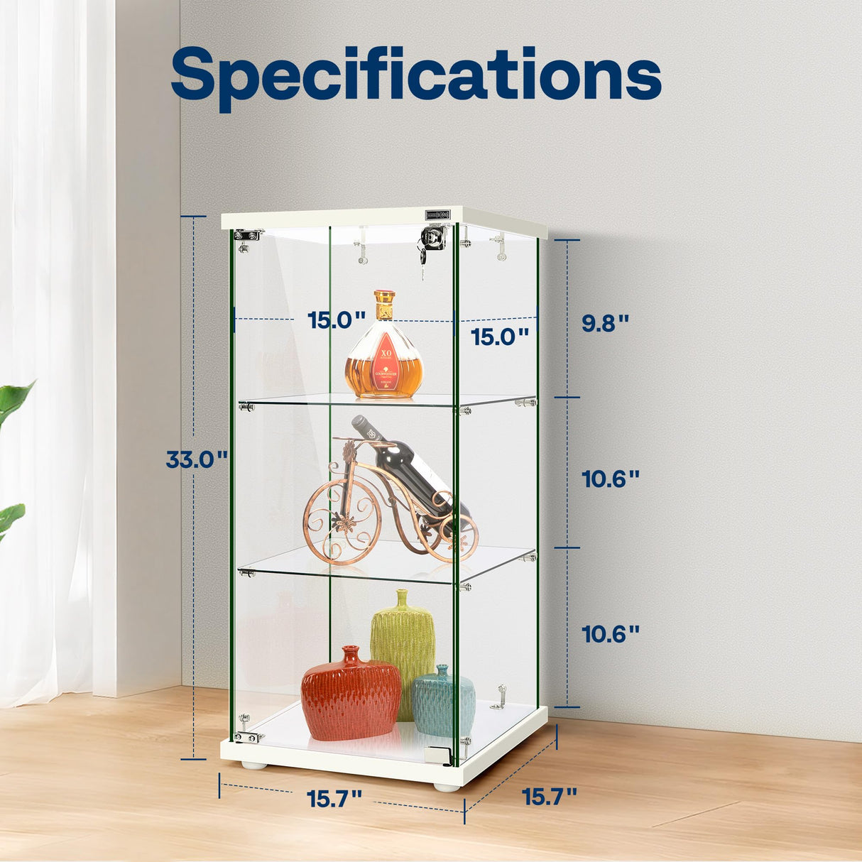 VIVOHOME 3 Layers 16''W x 16''D x 33''H Glass Display Cabinet Showcase Countertop with Lock, 4mm Tempered Glass 25mm MDF Base VIVOHOME