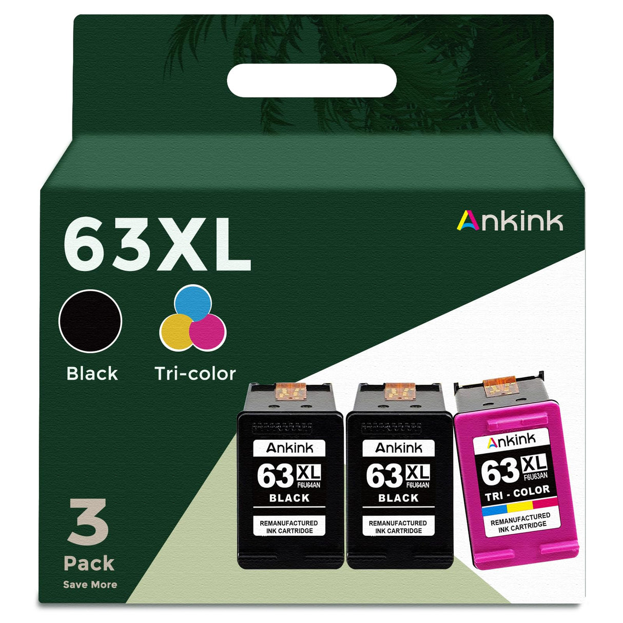 Ankink Remanufactured Ink Cartridge Replacement for HP Ink 63 63XL (2 Black and 1 Color 3-Pack) Fit for HP63 3830 4650 4652 4655 5200 5252 5255 5258 4520 4512 1112 2132 3630 3632 Printers BK Tricolor Ankink