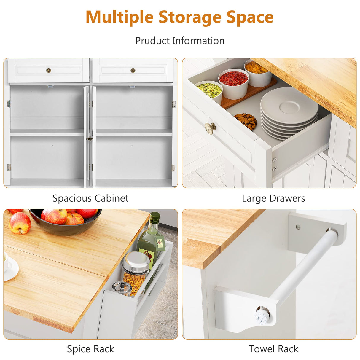 Squireewo Kitchen Cart with Wood Top and Drop Leaf Breakfast Bar, Rolling Mobile Kitchen Island Table on Wheels with Drawer and Storage Cabinet, Spice Rack, Towel Rack, White Squireewo