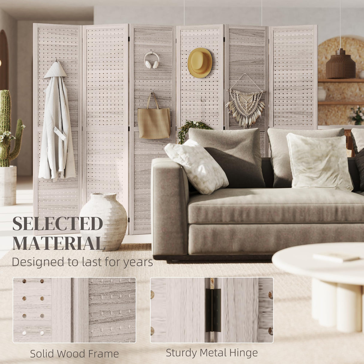 HOMCOM 6 Panel Pegboard Display with 500 Hook Holes, Wood Room Divider Wall, 5.6Ft Folding Privacy Screens, Portable Freestanding Wall Organizer for Bedroom Reading Room, Natural HOMCOM