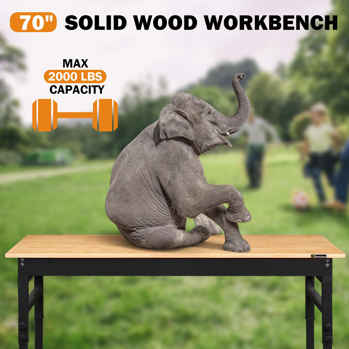 Betterhood 70" Adjustable Workbench on Wheels, 2000 LBS Heavy Duty Work Table with Power Outlets & Pegboard, Rubber Wood Workstation for Garage, Workshop, Office, Home, Commercial Betterhood