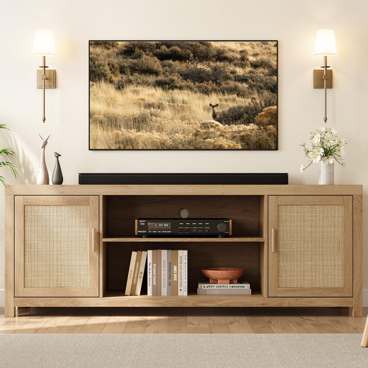 IDEALHOUSE Rattan TV Stand for 75 inch, Boho Entertainment Center with Adjustable Shelves, Natural Oak TV & Media Cabinet 2-Tier Storage for Living Room Bedroom IDEALHOUSE
