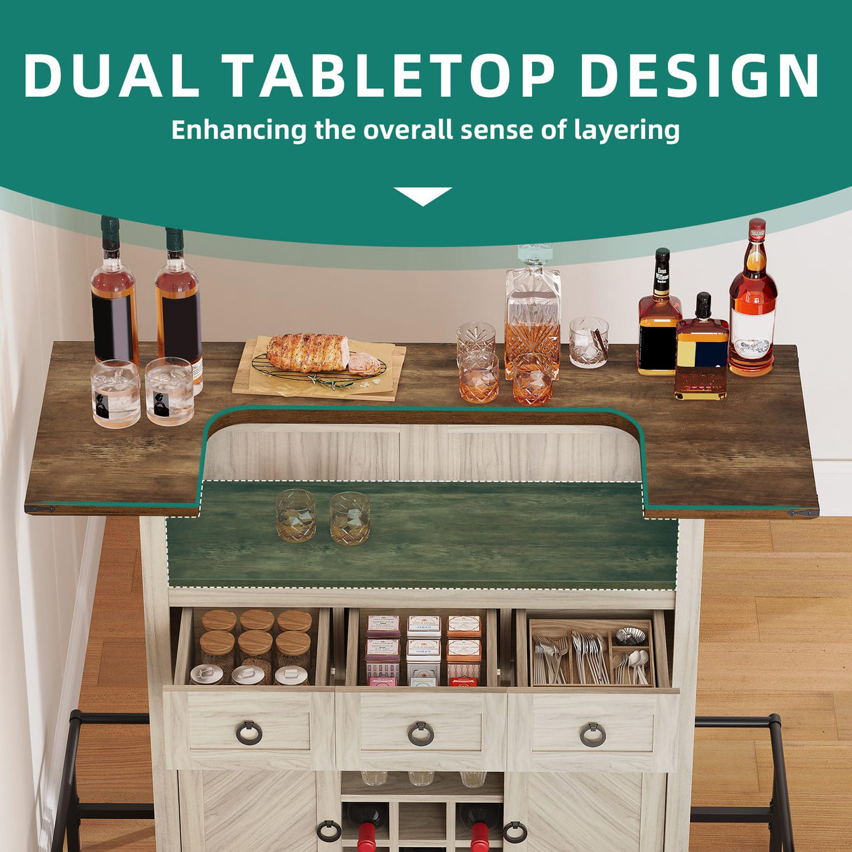 YITAHOME Home Bar Unit with LED Lights & Drawer, Farmhouse Bar Cabinet with Glasses Holder and Wine Storage, Liquor Bar Table Mini Bar with Footrest for Living Room, Off White+Walnut Grain YITAHOME