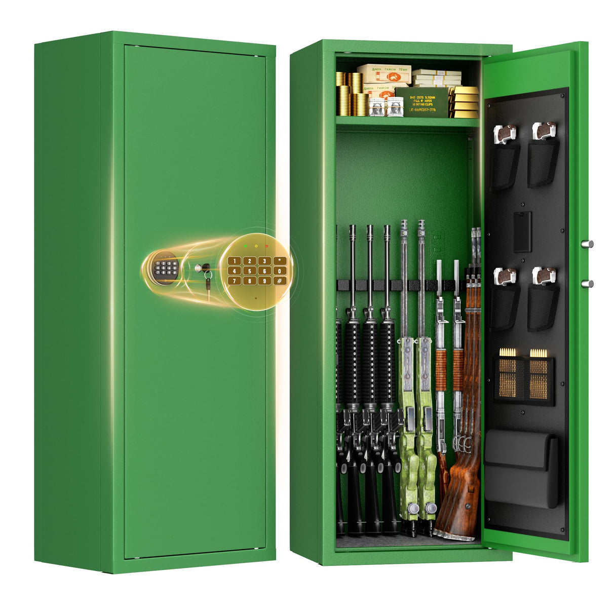 INTERGREAT 10-15 Rifle Gun Safe, Gun Cabinet for Home Rifle and Pistols with Digital Keypad and 4 Pistol Pockets, Quick Access Firearm Safes & Cabinets with Removable Shelf and Racks,Green INTERGREAT