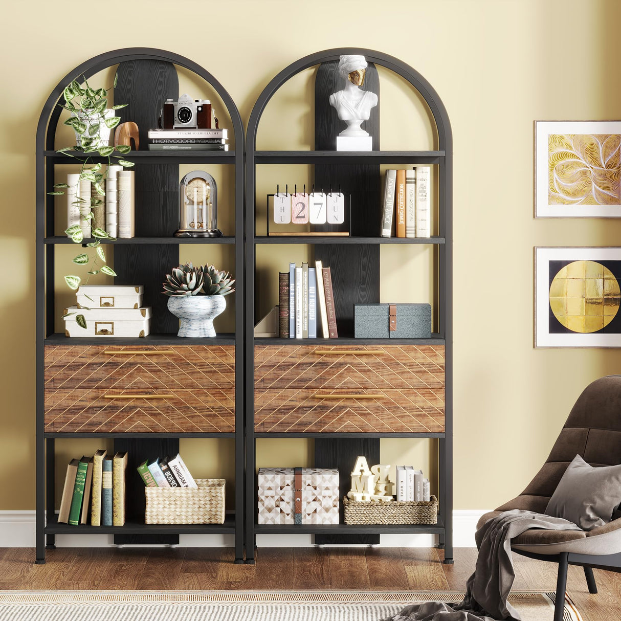 Tribesigns 4-Tier Bookshelf with 2 Drawers, Industrial Open Book Shelf Arched Bookcase, 70.8" Tall Storage Shelves Display Rack with LED Light and Metal Frame for Living Room, Home Office (1) Tribesigns