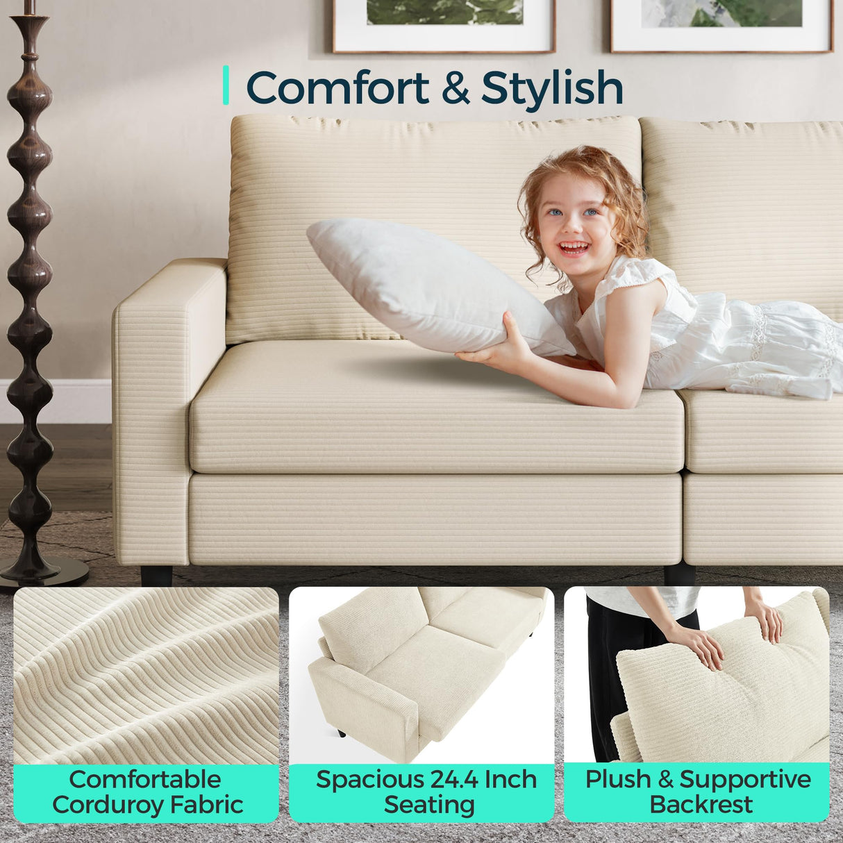 LINSY 79'' Beige Loveseat Sofa - Comfy Couch Corduroy Love Seat Couch with Adjustable Seat Depth Ergonomic Design Modern 2-Seater Soft Sofa for Living Room Bedroom Apartment Office, Beige LINSY