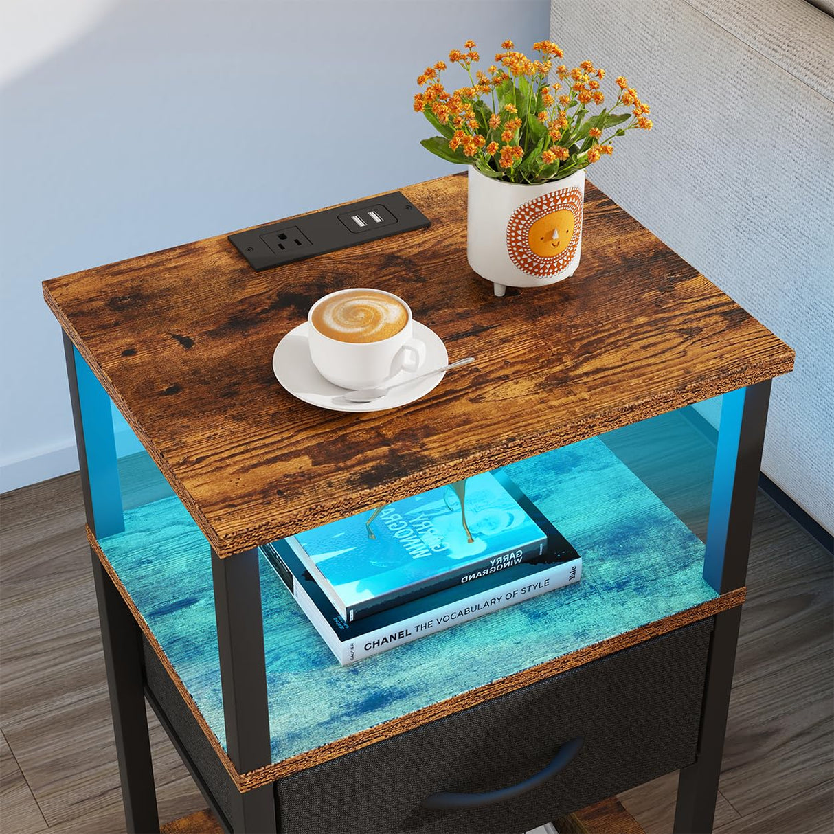 VIMBER Nightstand Set of 2, Adjustable LED Side Table with Charging Station and Fabric Drawer,Beside Table with Open Compartment for Living Room, Easy Assemble, 3 Tier End Table for Bedroom, Brown VIMBER