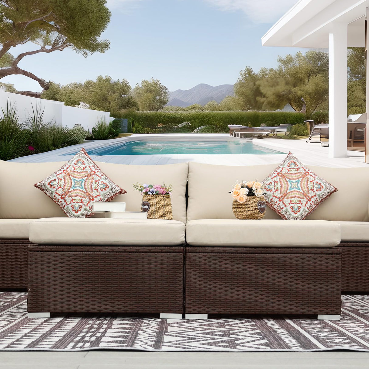 NICESOUL® 8 Pieces Plus Size High Back Brown Wicker Outdoor Furniture PE Rattan Patio Sectional Sofa Sets Sectionals Outdoor Backyard Conversation Sets Beige Cushions NICESOUL