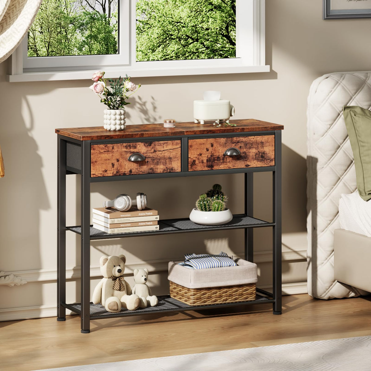 Furologee Console Sofa Table with Storage Shelf, Small 30'' Entryway Table with 2 Fabric Drawers, Industrial Table for Entry Way, Display Shelf for Hallway, Entrance, Foyer, Rustic Brown Furologee