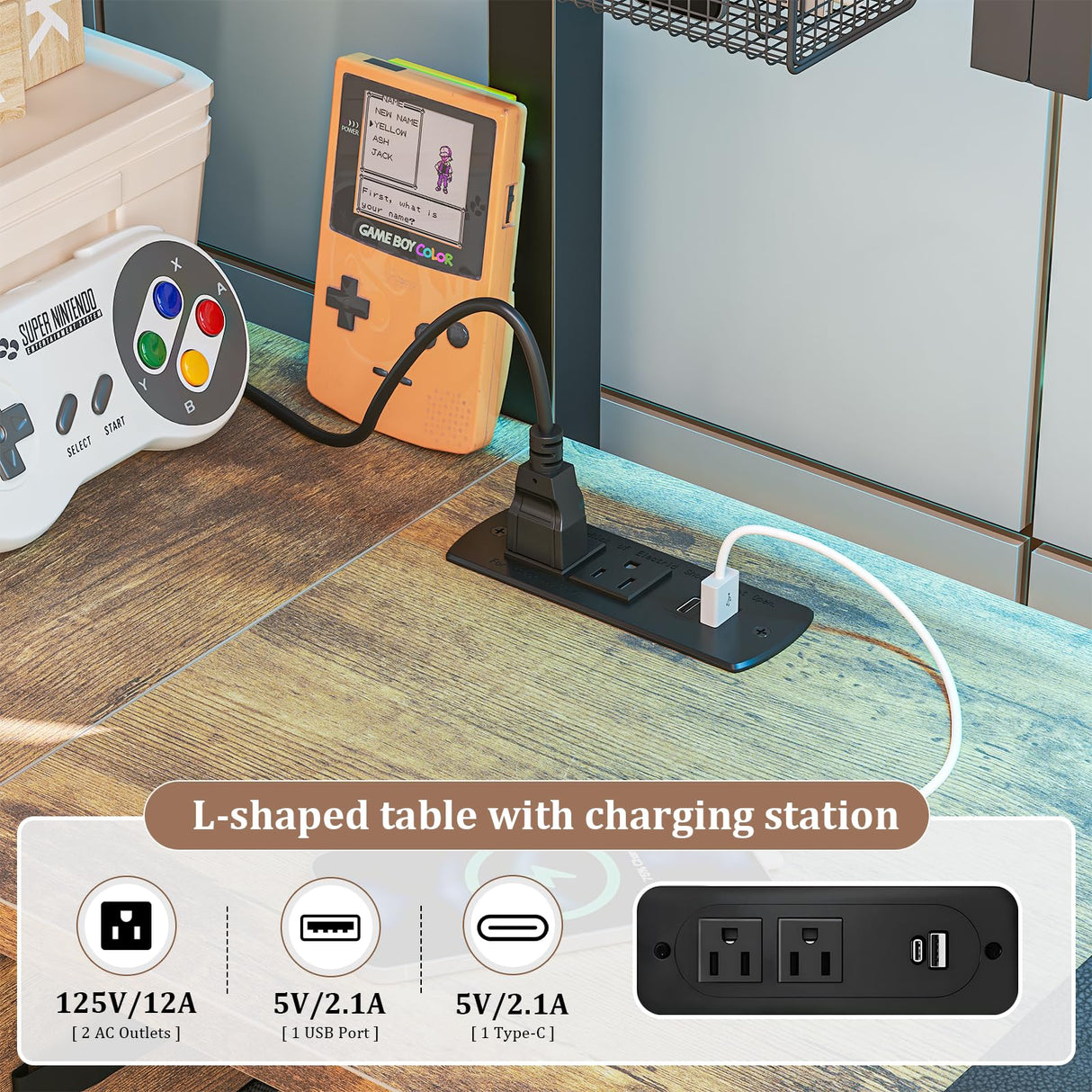 busyaeh Twin Size Loft Bed with L-Shaped Desk and Storage, Bunk Bed with Desk Underneath Drawers, Metal Twin Loft with Clothes Rail, Safety Guard & Stairs, LED Lights, Charging Station, Oak Gray busyaeh