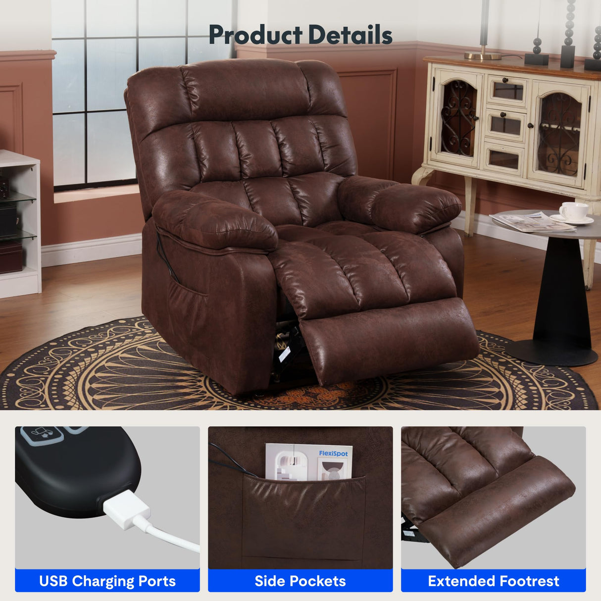 FLEXISPOT XL51 Dual OKIN Motor Power Lift Recliner Chair for Elderly, Lay Flat Sleeper Recliner with Massage & Heat, USB Ports, Faux Leather Reclining Sofa for Living Room Bedroom(Extra Large, Brown) FLEXISPOT
