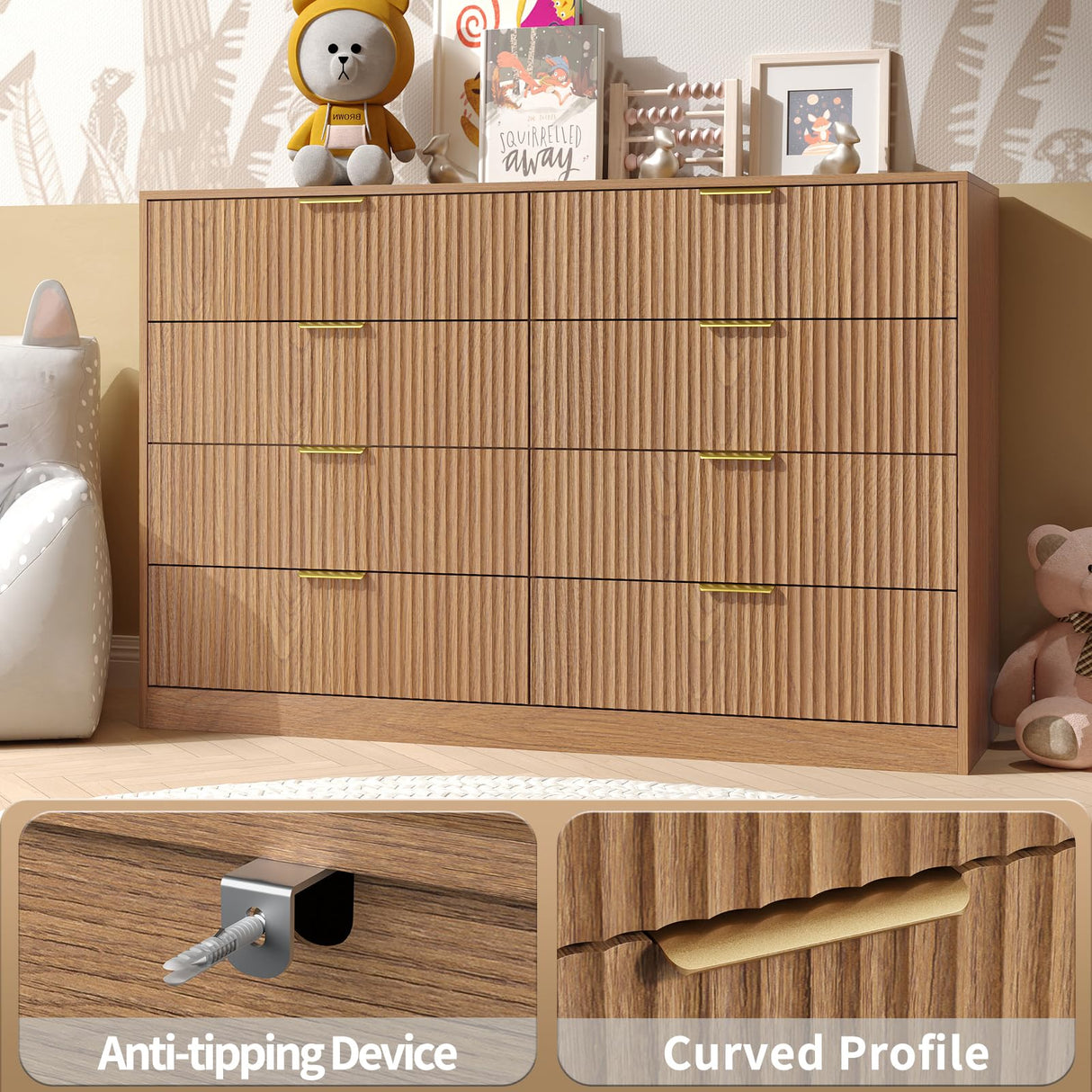 NOVAMAISON Fluted Dresser for Bedroom with 8 Drawer, 55” Wide Wooden Dresser Mid Century Chest of Drawers w/Gold Handle, Fluted Dressers TV Stand Closet Storage Organizer for Living Room, Natural Oak NOVAMAISON