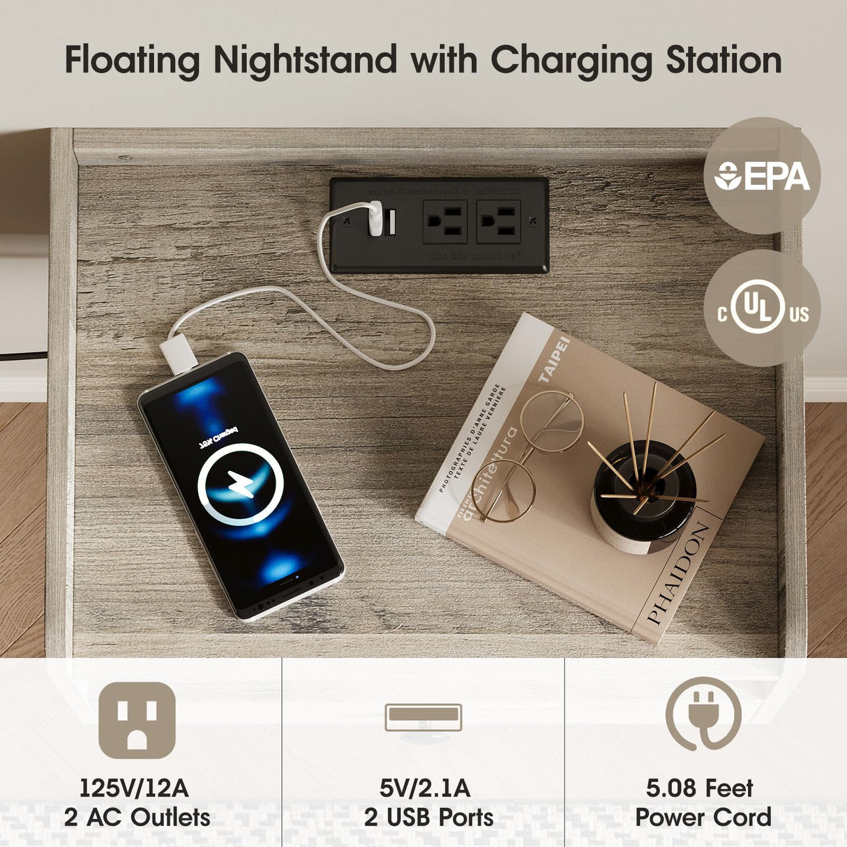 Grey Floating Nightstand Set of 2 with Charging Station and Drawer Small Bedside End Table with Outlet Modern Floating Night Stand for Bedroom Wood Wall Mounted Nightstands Set 2 Grey HOSEOKA