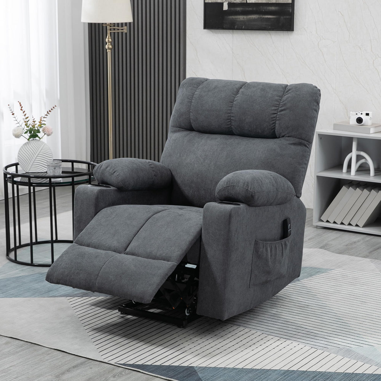 HOMCOM Electric Power Lift Chair Recliners for Elderly, Oversized Living Room Recliner Chair with Remote Control, Cup Holders, and Side Pockets, Dark Gray HOMCOM