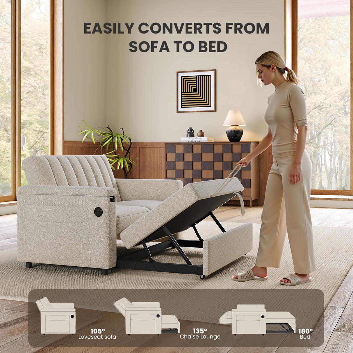 Amada 3 in 1 Sleeper Sofa Bed,Pull Out Couch with Side Table, Convertible Loveseat with Adjustable Backrest,Chaise Lounge with USB Ports & Side Pockets for Living Room, 69'' Pull Out Sofa Bed(Beige) AMADA HOMEFURNISHING