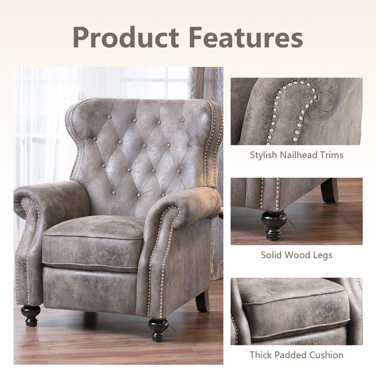 Pushback Recliner Chair, Fabric Armchair Push Back Recliner with Rivet Decoration, Mid Century Wingback Accent Chair for Living Room, Bedroom, Stable Hump Feet (Brown Gray) anwickjeff