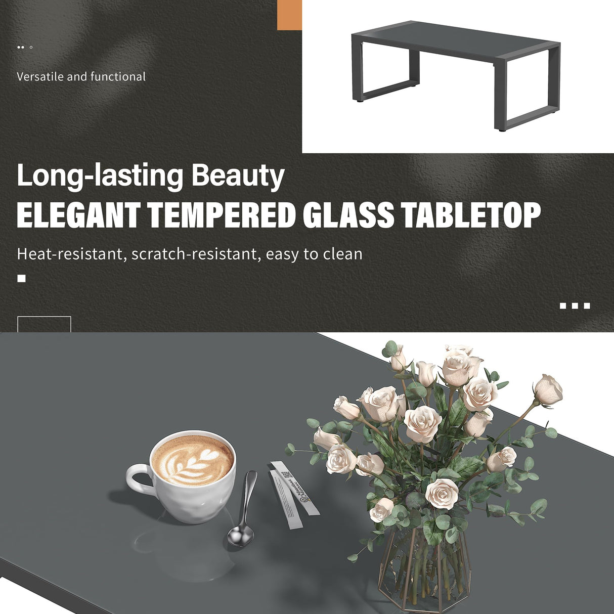 Solaste Aluminum Patio Furniture Set, 4 Pcs Modern Outdoor Conversation Set Couch Sofa with Upgrade Cushion and Glass top Coffee Table,Grey Solaste