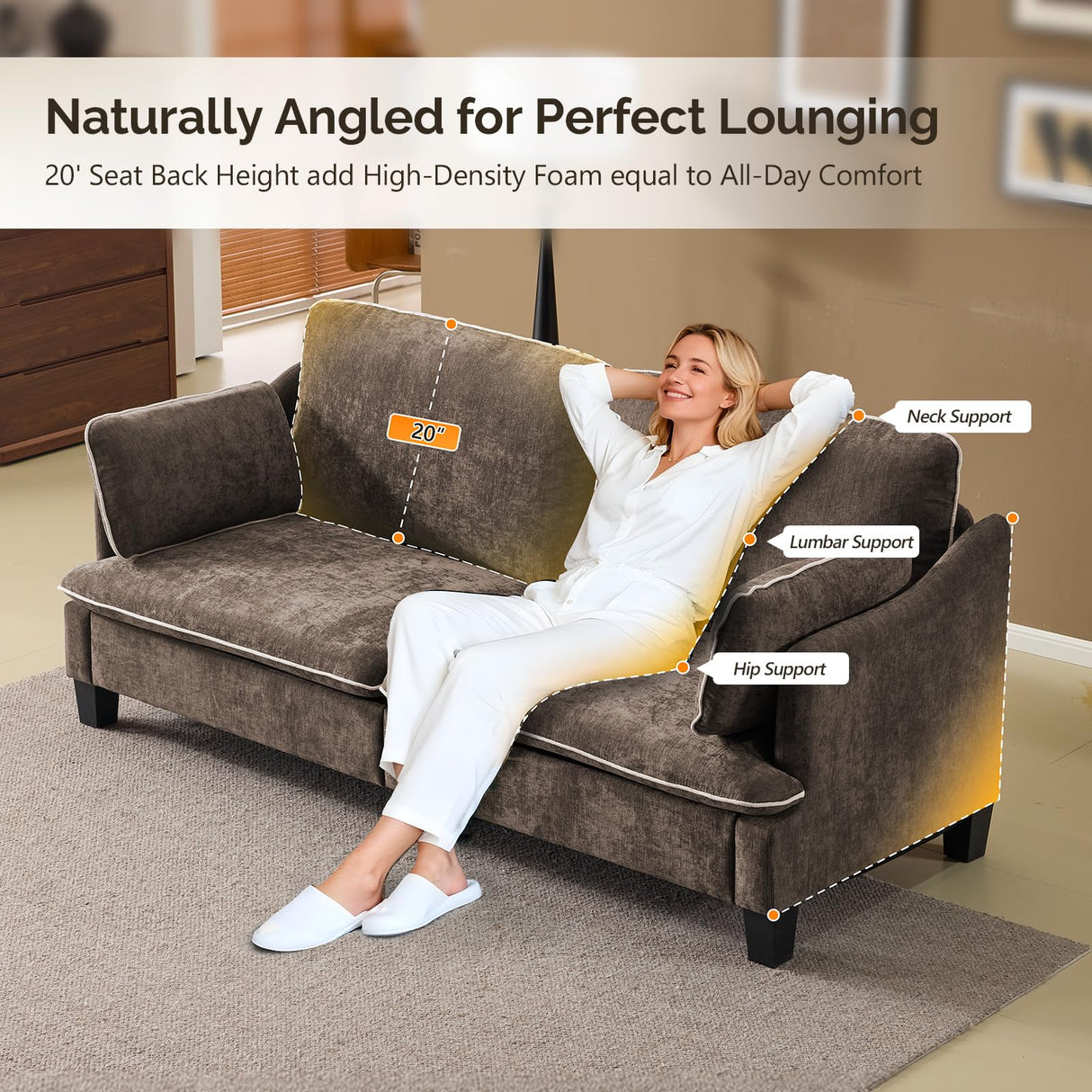 VINGLI 84" Oversized Comfy Two Seat Love Seat, 37" Extra Deep Seat Piping Design Loveseat Couch with Two Pillows, Linen Fabric Modern Small Sofa for Small Living Room, Bedroom, Brown VINGLI