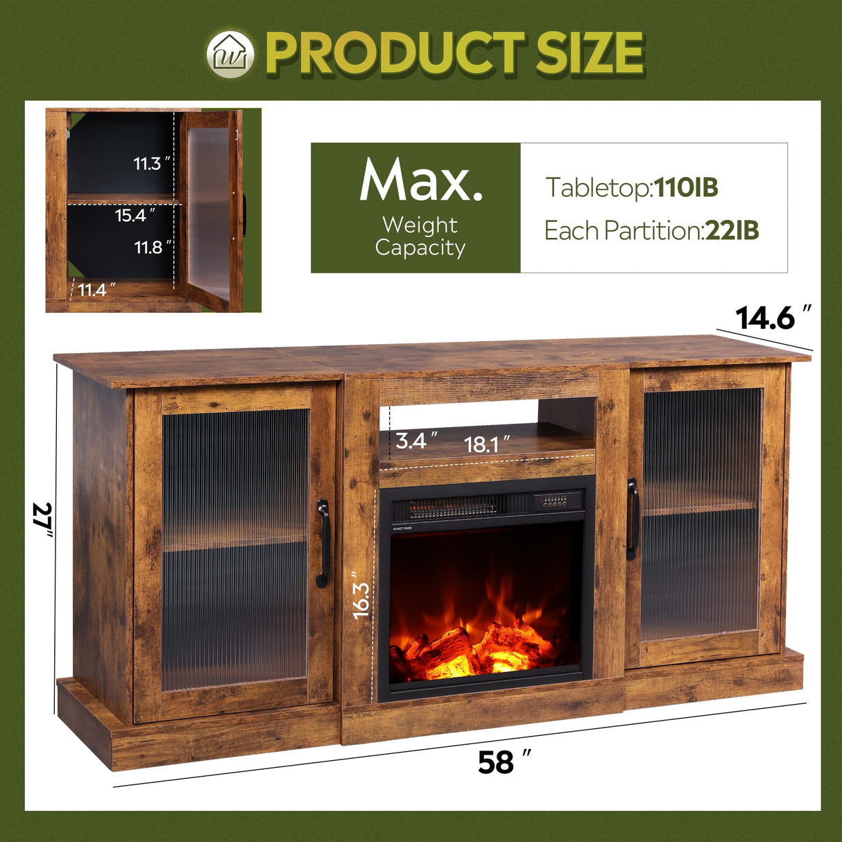 WLIVE Fireplace TV Stand for 65" TV, Entertainment Center with 18 Inch Electric Fireplace, TV Console with Open Shelves for Living Room, Rustic Brown WLIVE