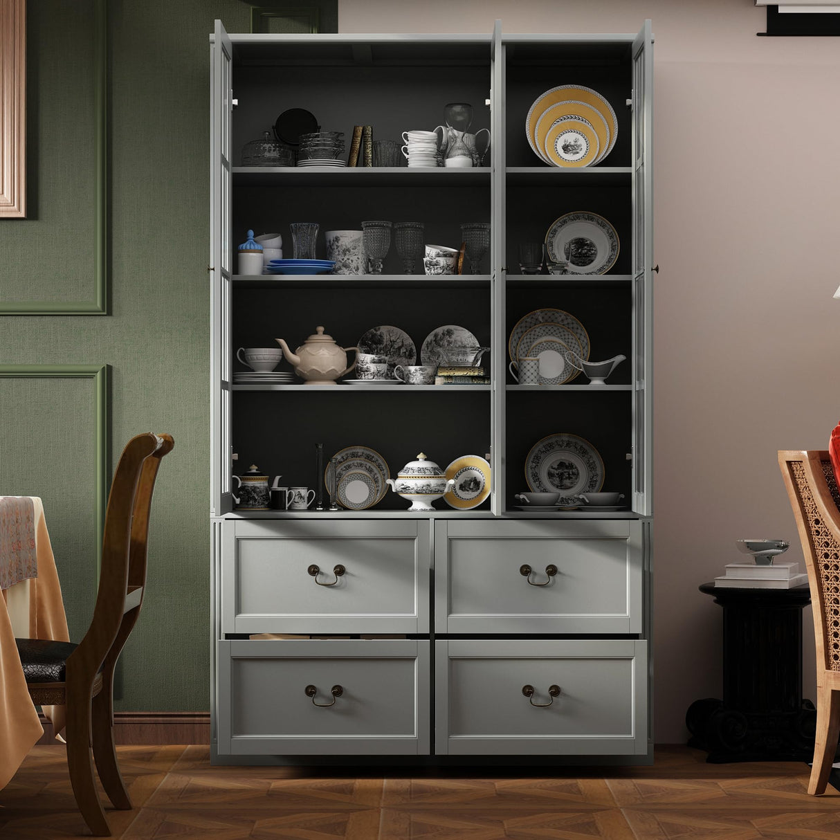 Homsee 78.7" H Bookcase Bookshelf with 8-Tier Shelves, 4 Drawers & 3 Glass Doors, Wooden Display Storage Cabinet for Home Office, Living Room, Green Grey Homsee