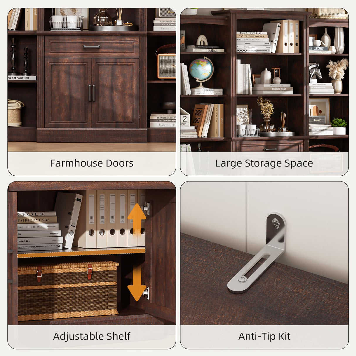 Spurgehom 70" Tall Bookshelves and Bookcases with Doors Large Bookshelf with Drawers, Farmhouse Bookcase with Storage Cabinet, Standing Display Storage Bookshelf for Home Office, Brown Spurgehom