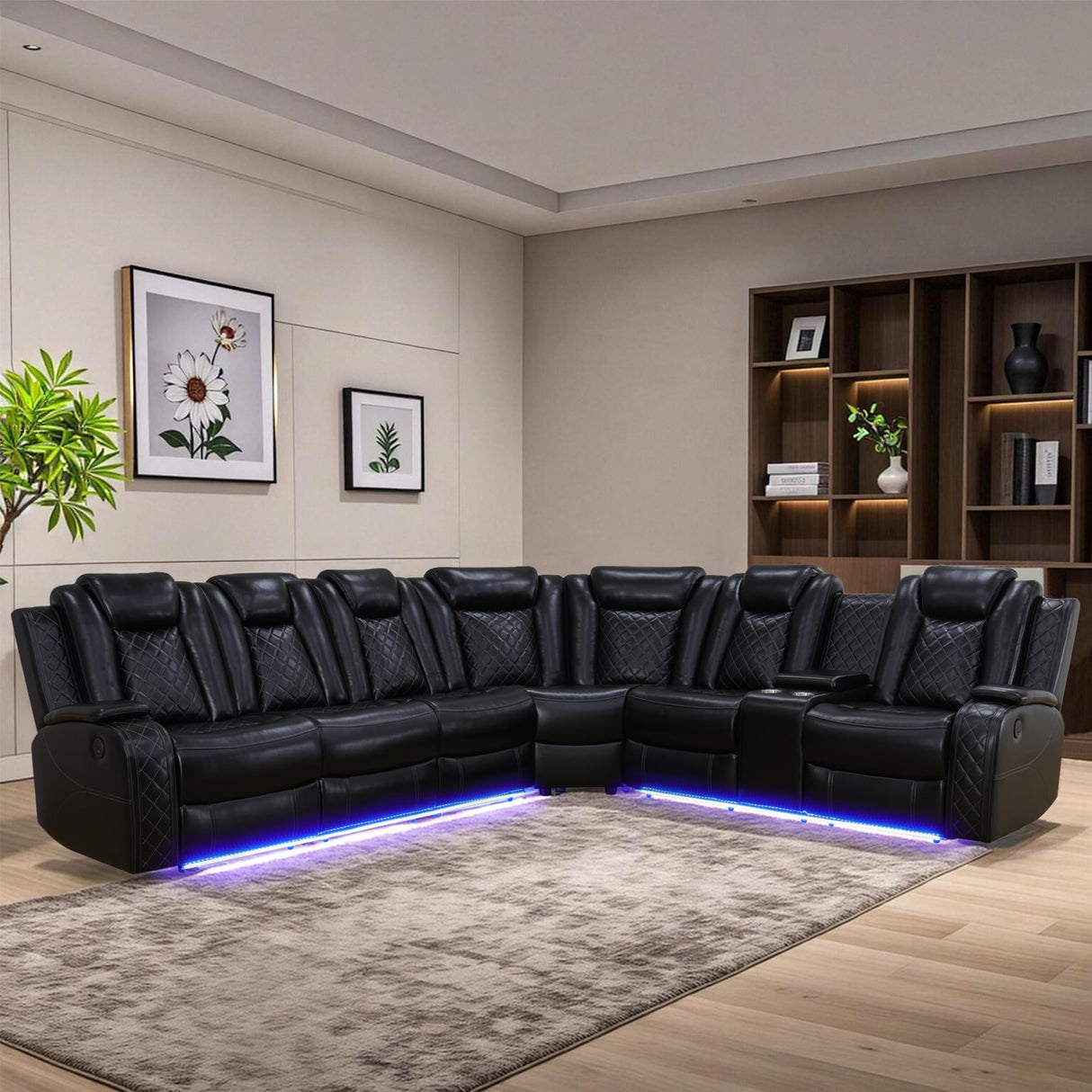 JBXBER Power Recliner Sectional Sofa Set for Living Room, Leather Recliner Sofa Sets, L-Shaped Corner Sectional Couch Sets with LED Lights, Console Storage(Sectional,Black) JBXBER
