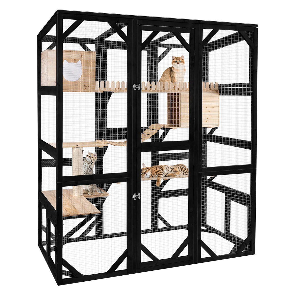 Nicedday Large Cat Catio Outdoor Window Enclosure 73" Wooden Cat House Attached to Window Catio for Cats Walk in Kitty Kennel with Large Enter Door 2 Napping Houses nicedday