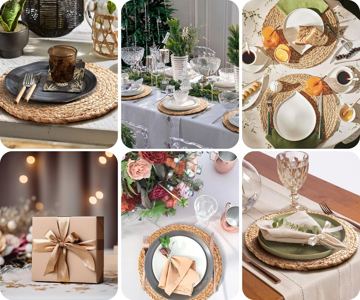 Aofmee 12 inch Round Woven Placemats Set of 6, Boho Rattan Place Mats, Natural Water Hyacinth Table Placemats, Farmhouse Weave Table Mats, Rustic Braided Wicker Charger Plates for Dining Table Decor Aofmee