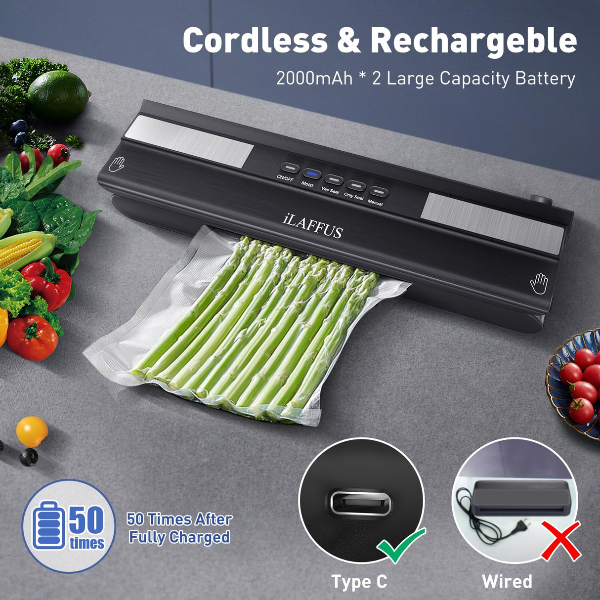 iLAFFUS Cordless Vacuum Sealer Rechargeble Dry & Moist Modes Compact Design Powerful Multi-Functional Food Vacuum Sealer Machine with Cutter for Fruits Vegetables Meat Nuts iLAFFUS