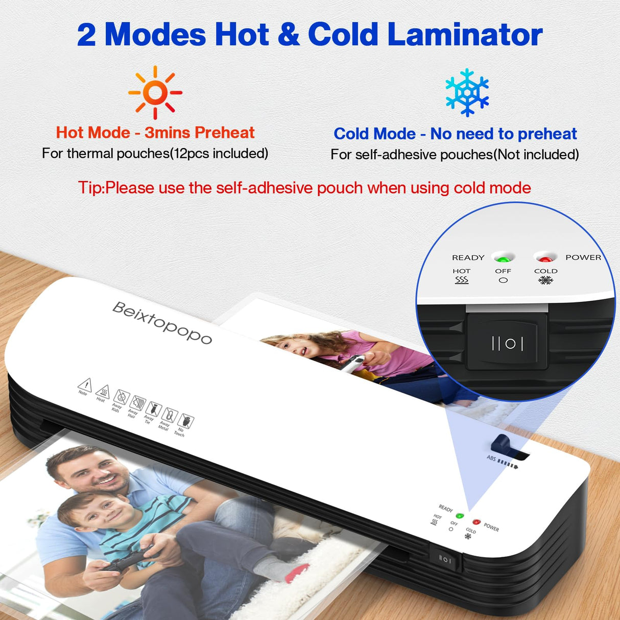 Thermal Laminator 8.5x11/9 Inch Machine With 12 Sheets - A4/A5/A6 Hot Cold Laminating for Home, School, Teachers, Office - Anti-Jam Beixtopopo