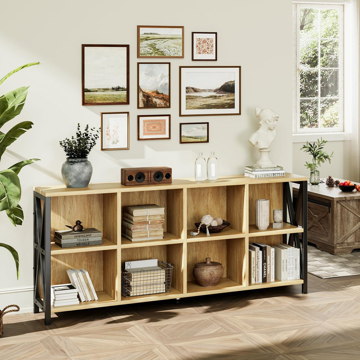 CABZOON 63" 8 Cube Horizontal Bookshelf Long Bookshelf Wood Cube Storage Organizer Wood Cubby Bookcase for Living Room Maple CABZOON