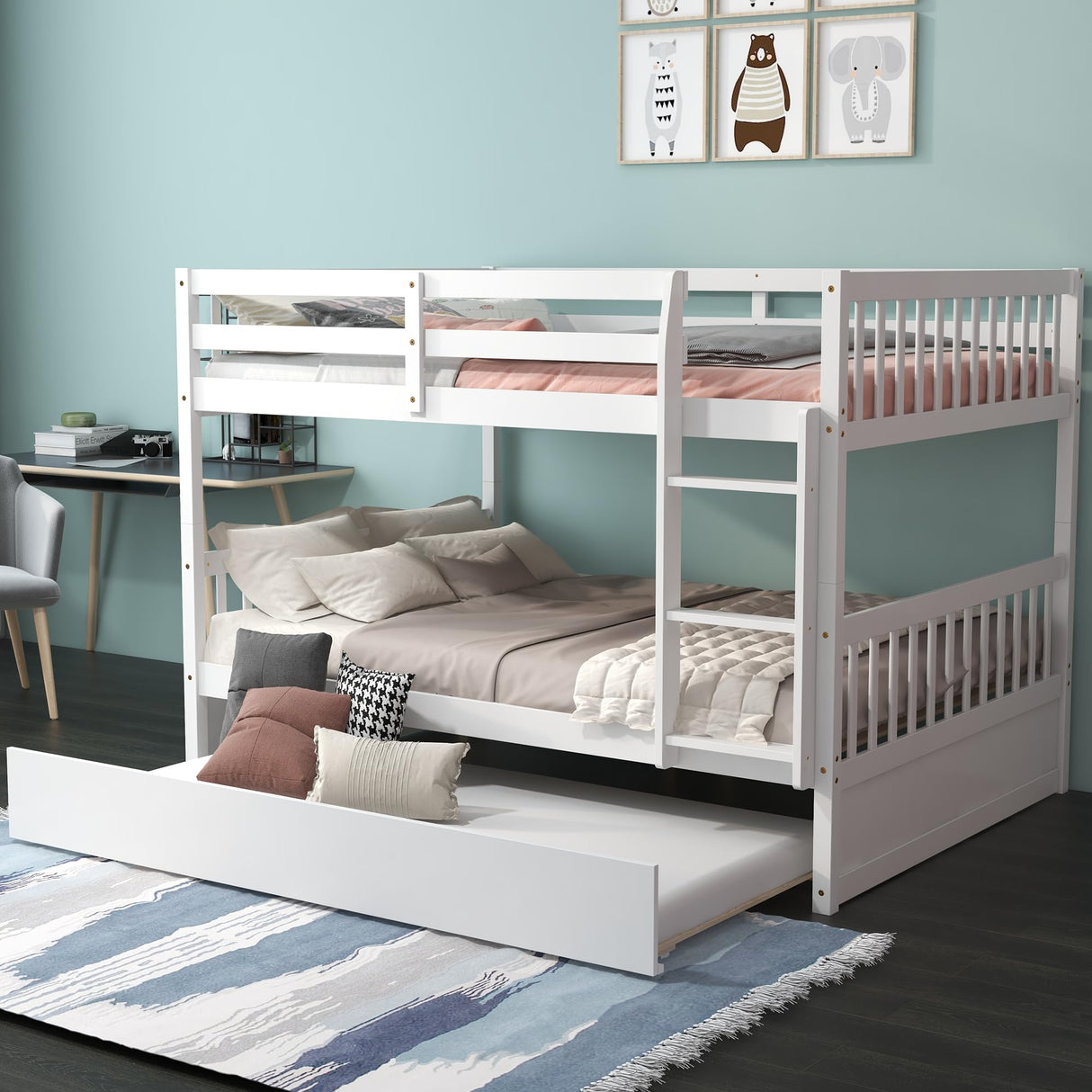 KOMFOTT Wood Full Over Full Bunk Bed with Trundle, Bunk Bed Frame with Ladder, Solid Wood Frame & Safety Guardrails, Space-Saving Bunk Bed for Teens & Adults, No Box Spring Needed KOMFOTT