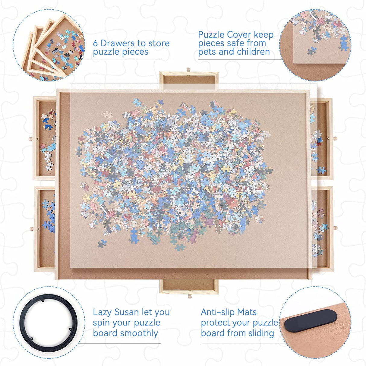 Puzzle Board, WOOD CITY 1500 Piece Wooden Jigsaw Puzzle Board with Drawers, 35”x 27” Portable Puzzle Table with Covers and Lazy Susan, Rotating Jigsaw Puzzle Table for Kids and Adults WOOD CITY