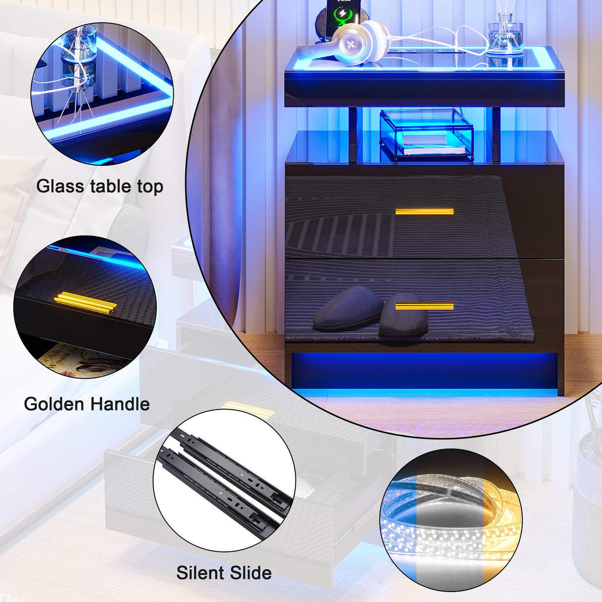 HNEBC Auto LED Nightstand Set of 2, Black Night Stand with Charging Station & USB Ports, High Gloss Bedside Table has 2 Drawers,Modern End Side Table for Bedroom (Black) HNEBC