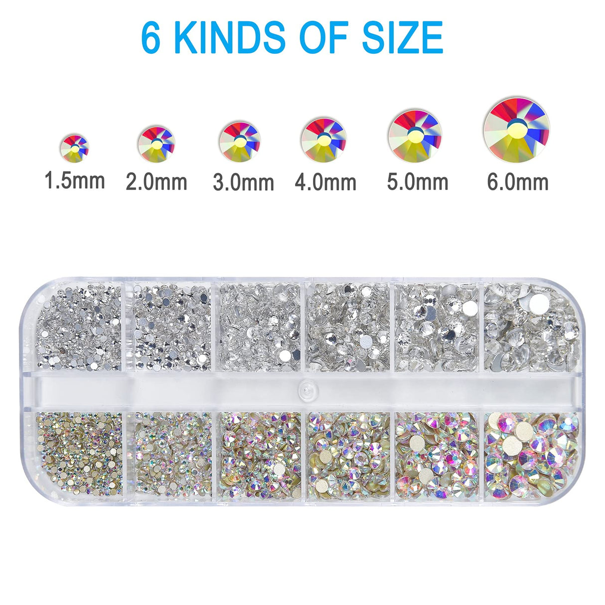 Nail Art Rhinestones Kit HUETFAT 2400pcs Nail Gems Ab Flatback Rhinestones Gems Stones, with Storage Organizer Box/Wax Pencil/Tweezers 6 Sizes (1.5-4.5 mm) for Nail Art Craft (2400pcs) HUETFAT