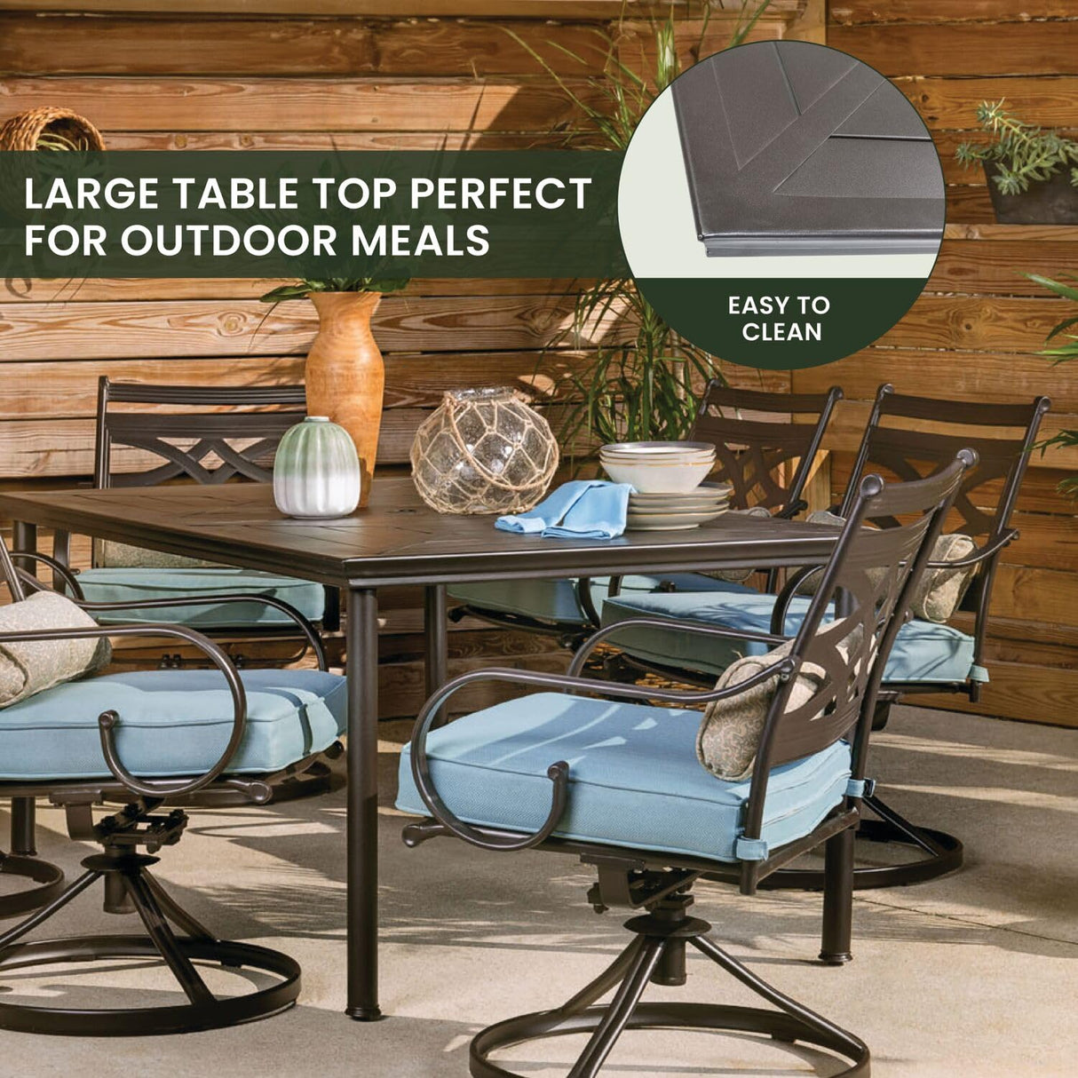 Hanover Montclair 7-Piece Outdoor Dining Set with 6 Swivel Rockers, Ocean Blue Cushions and Stamped Steel Rectangular Dining Table, Patio Dining Set for 6, Premium All-Weather Patio Furniture for Deck Hanover