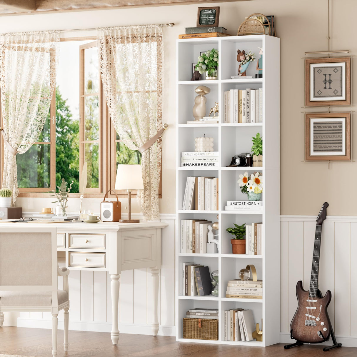 FOTOSOK 71'' Tall Bookshelf, Double Wide Media Tower Rack CD DVD Rack Display Cabinet with Adjustable Shelves, Tall Narrow Bookcase White Bookshelf Cube Shelf for Home Office, White FOTOSOK