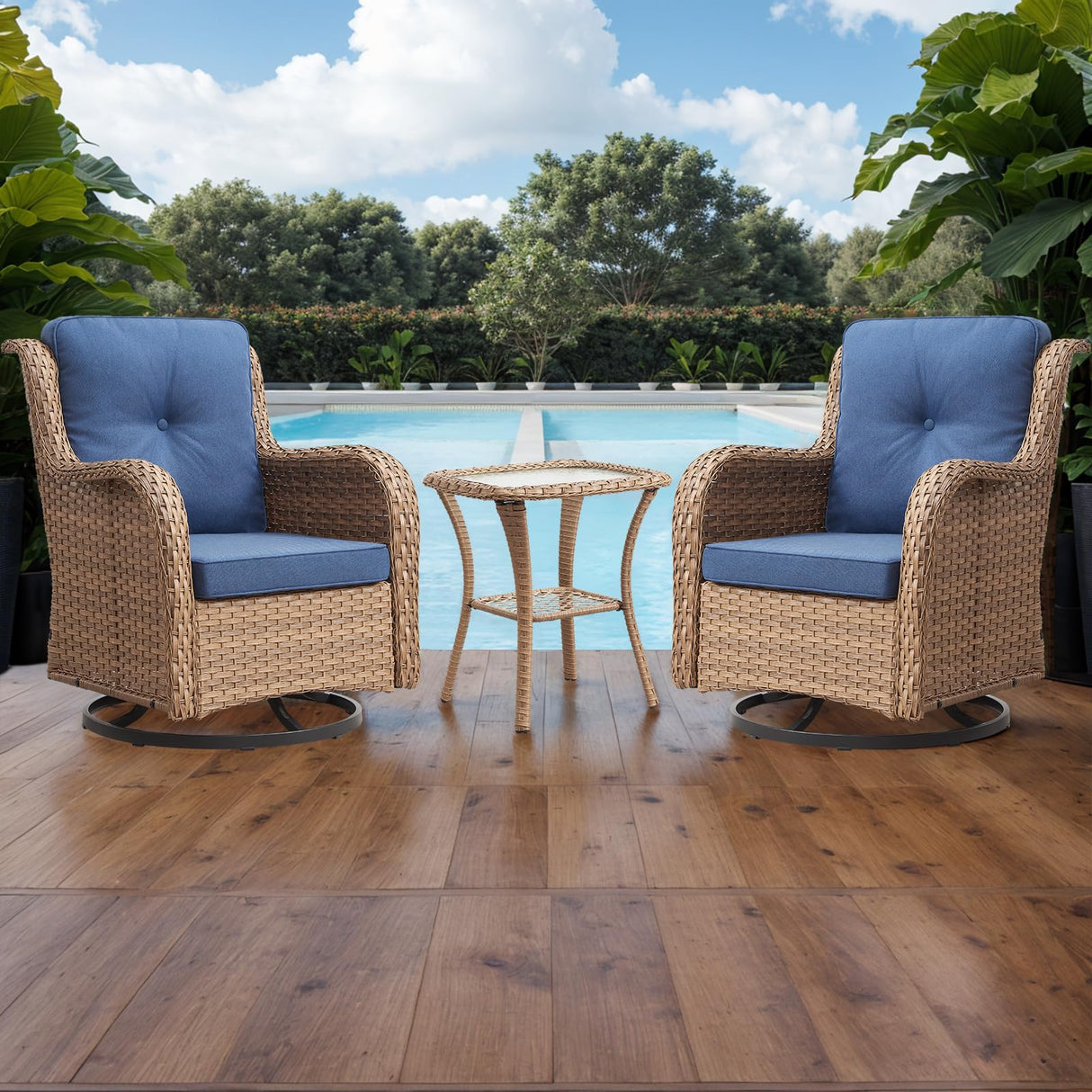 Rilyson Patio Chairs Rocking Swivel Chiar - 3 Piece Outdoor Wicker Patio Bistro Set Rattan Rocker Glider Chairs with High Back and Deep Seating for Outside Porch Deck Garden(Yellow/Blue) Rilyson